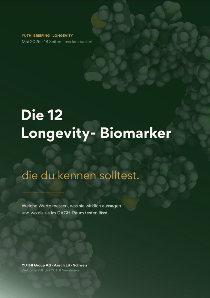 Titelseite des Welcome-PDF: Die 12 Longevity-Biomarker — Schweiz-Edition